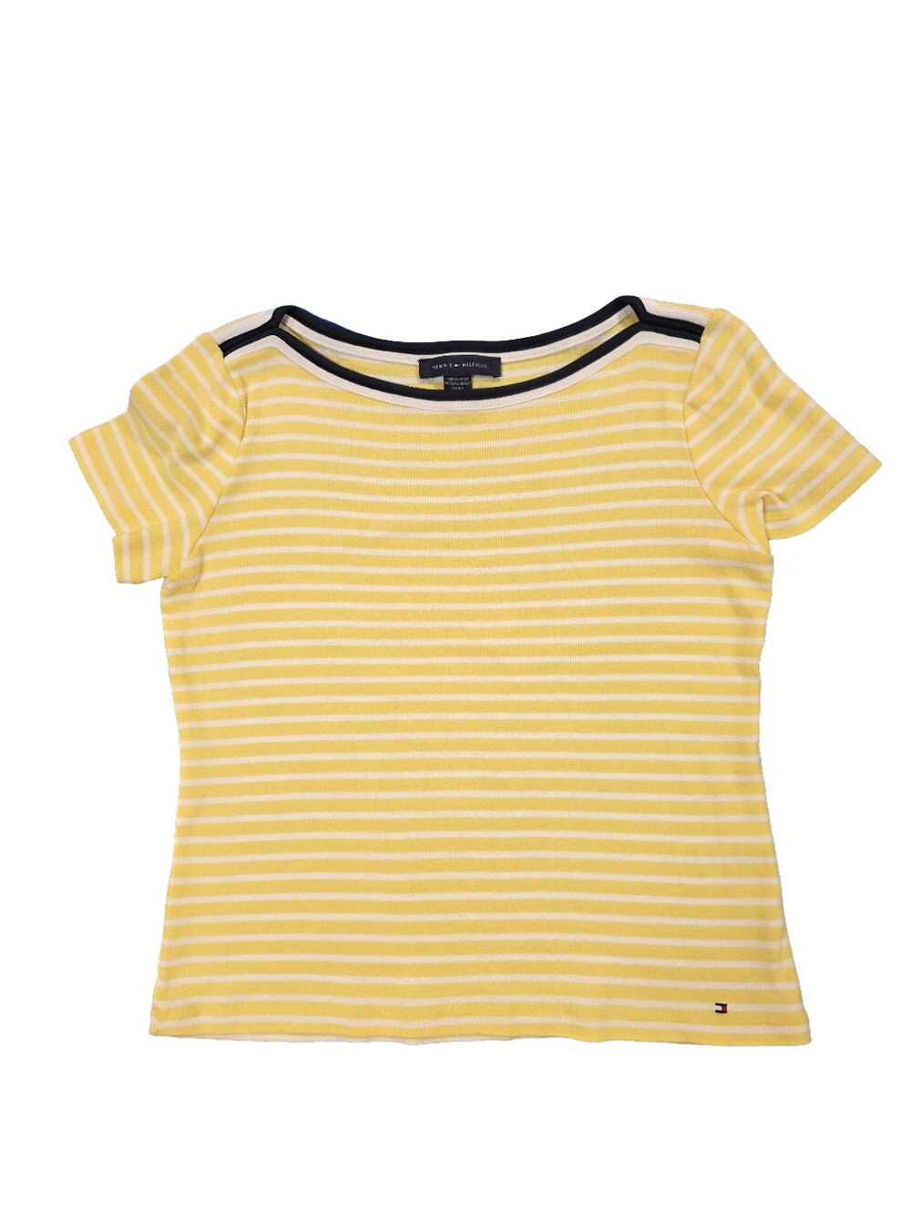 Tommy Hilfiger Yellow & White Striped Short Sleeve Top - Size M